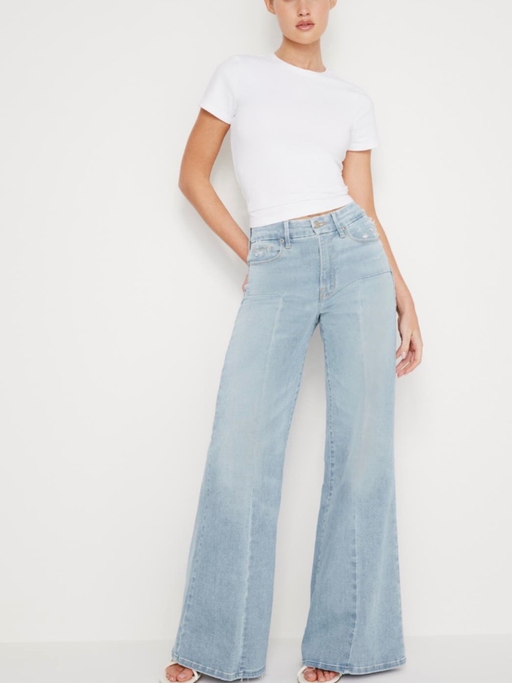 Good American Good Waist Distressed Palazzo Jeans Size 4 Light Wash